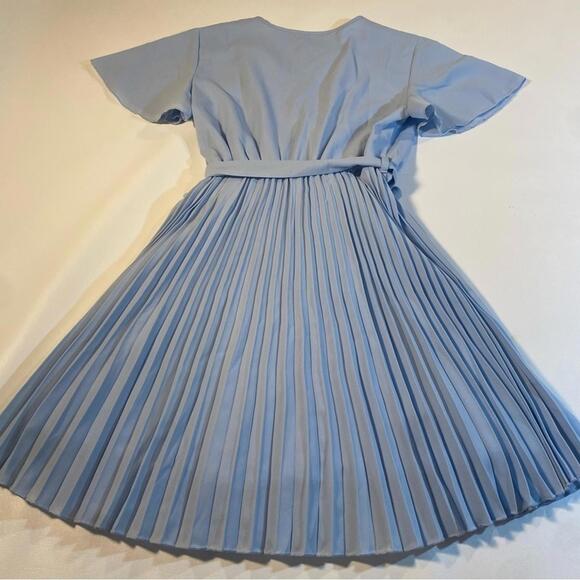 NWT ePretty Sz‎ S Sky Blue Flutter Sleeve Cross Front Pleated Dress W Waist Sash - Picture 2 of 7
